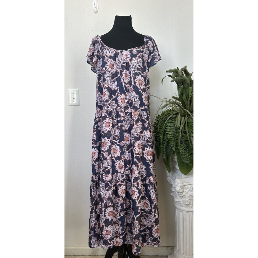 Knox Rose Women's Flutter MIDI A-Line Blue Purple Floral Dress Boho Sz XL